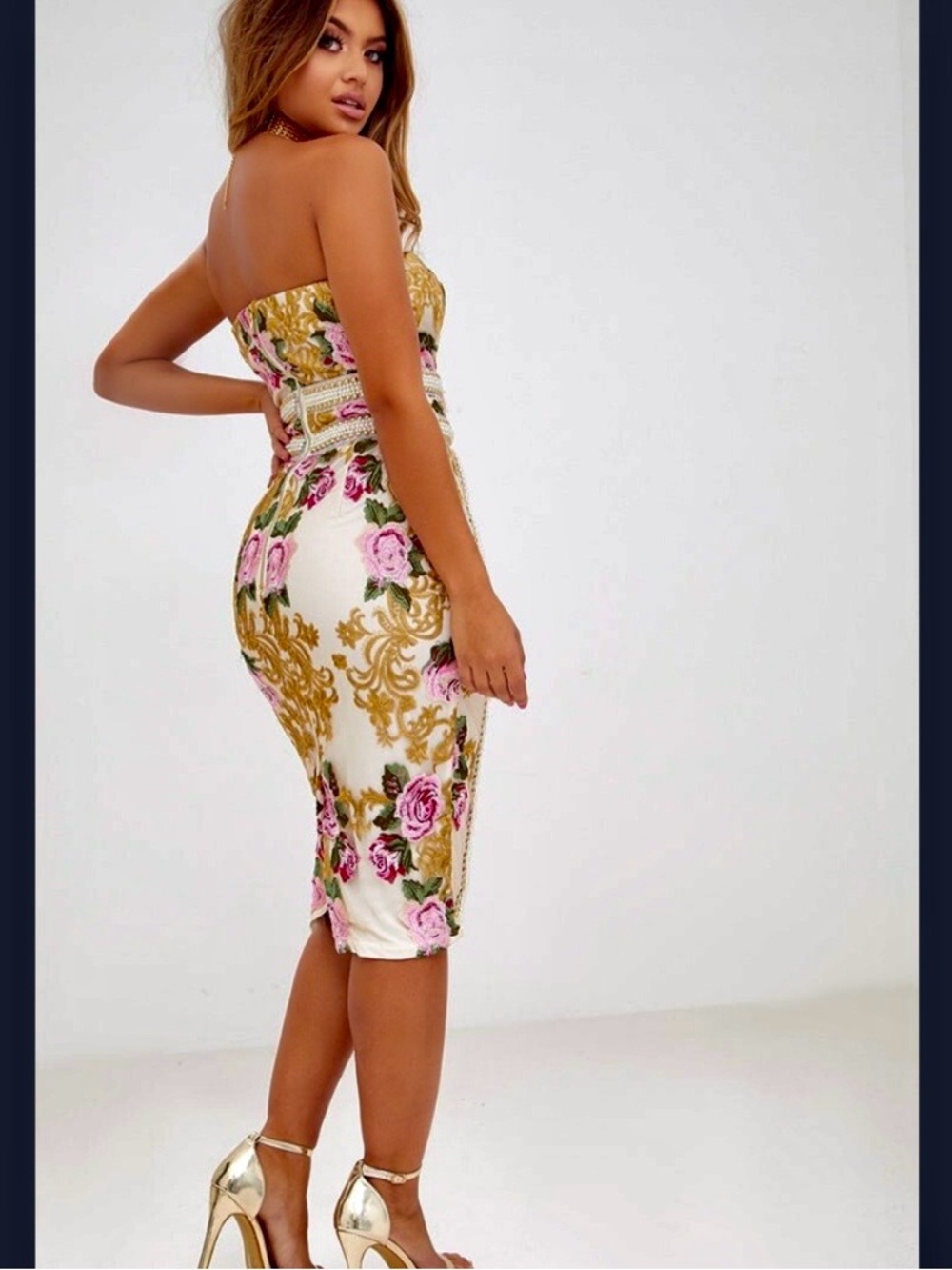 Pretty Little Thing White Gold Floral Embroidered Pearl Trim Strapless Dress